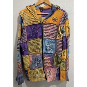 VTG‎ Y2K Rising International Womens Xxl Hippie Patchwork Long Zip Hoodie Jacket